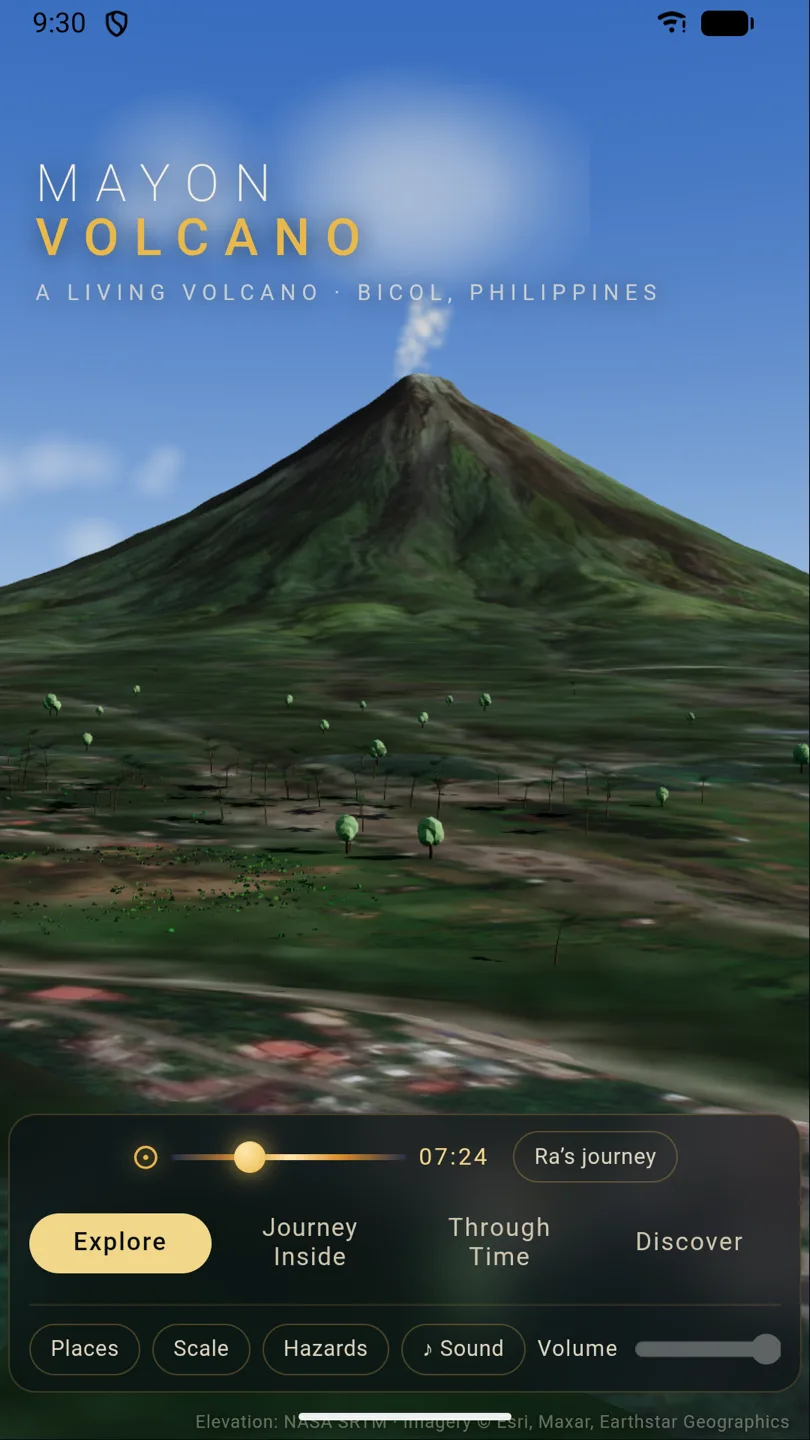 The Mayon cone seen from the plain, with a steam plume at the summit and the Explore, Journey Inside, Through Time and Discover controls below.