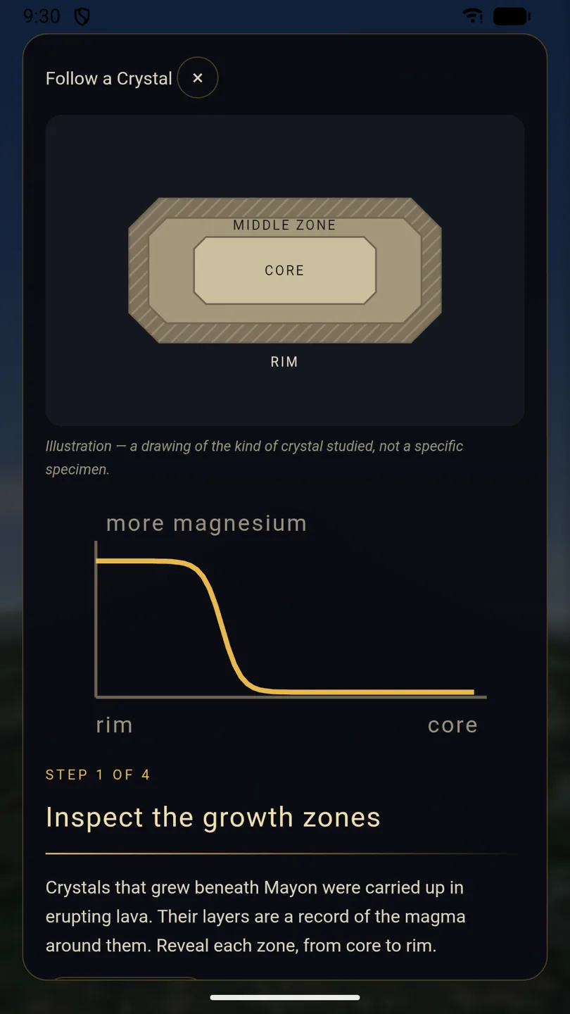 The Follow a Crystal investigation, showing core, middle zone and rim, and a magnesium profile falling from rim to core.
